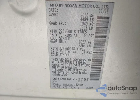 2016 Nissan Rogue Sl z USA, uszkodzony, nr VIN 5N1AT2MT1GC772765